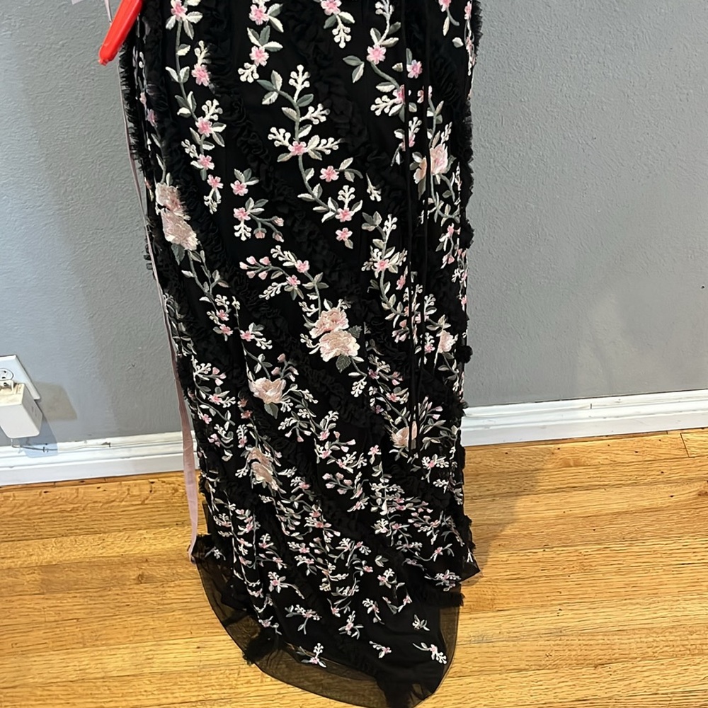 Mac Duggal Embroidered Ruffled One Shoulder Lace Up Gown Black Multi Size - Picture 15 of 17